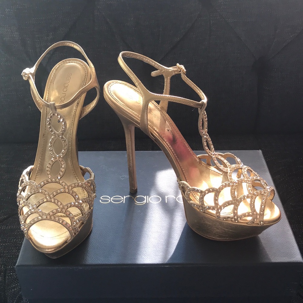 Sergio Rossi gold evening shoes.